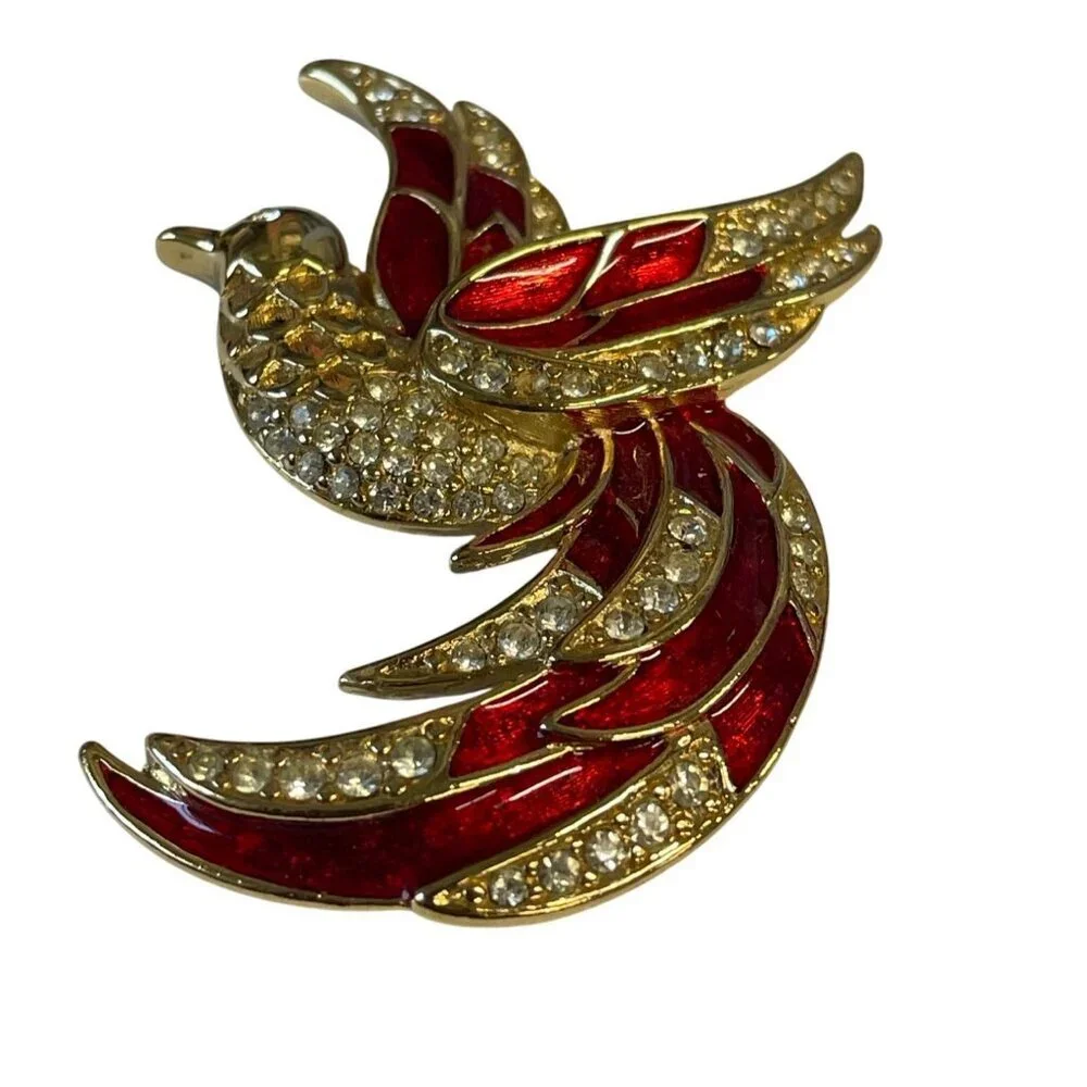 Vintage Gold-Tone & Red Enamel Bird Brooch With Rhinestone Accents By‎ Giorgio